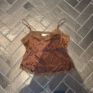 Vintage Worthington Brown Satin Lace Camisole Y2K Lingerie Tank Top